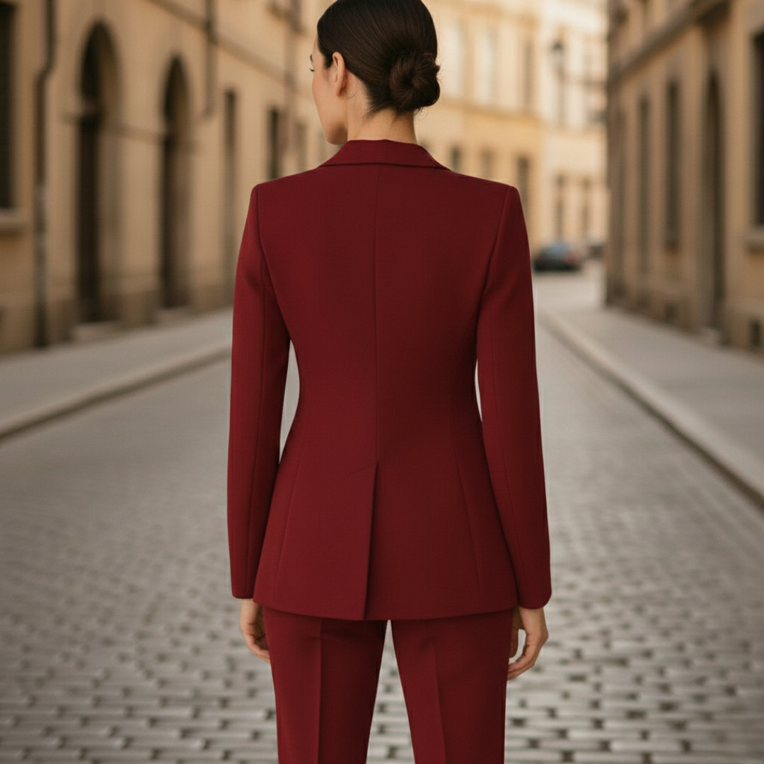 A woman in a red tailored suit with buttons, that gives elegance and confidence in a formal setting.