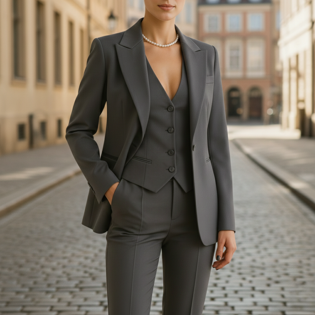 A woman in a grey tailored suit with buttons, that gives elegance and confidence in a formal setting.