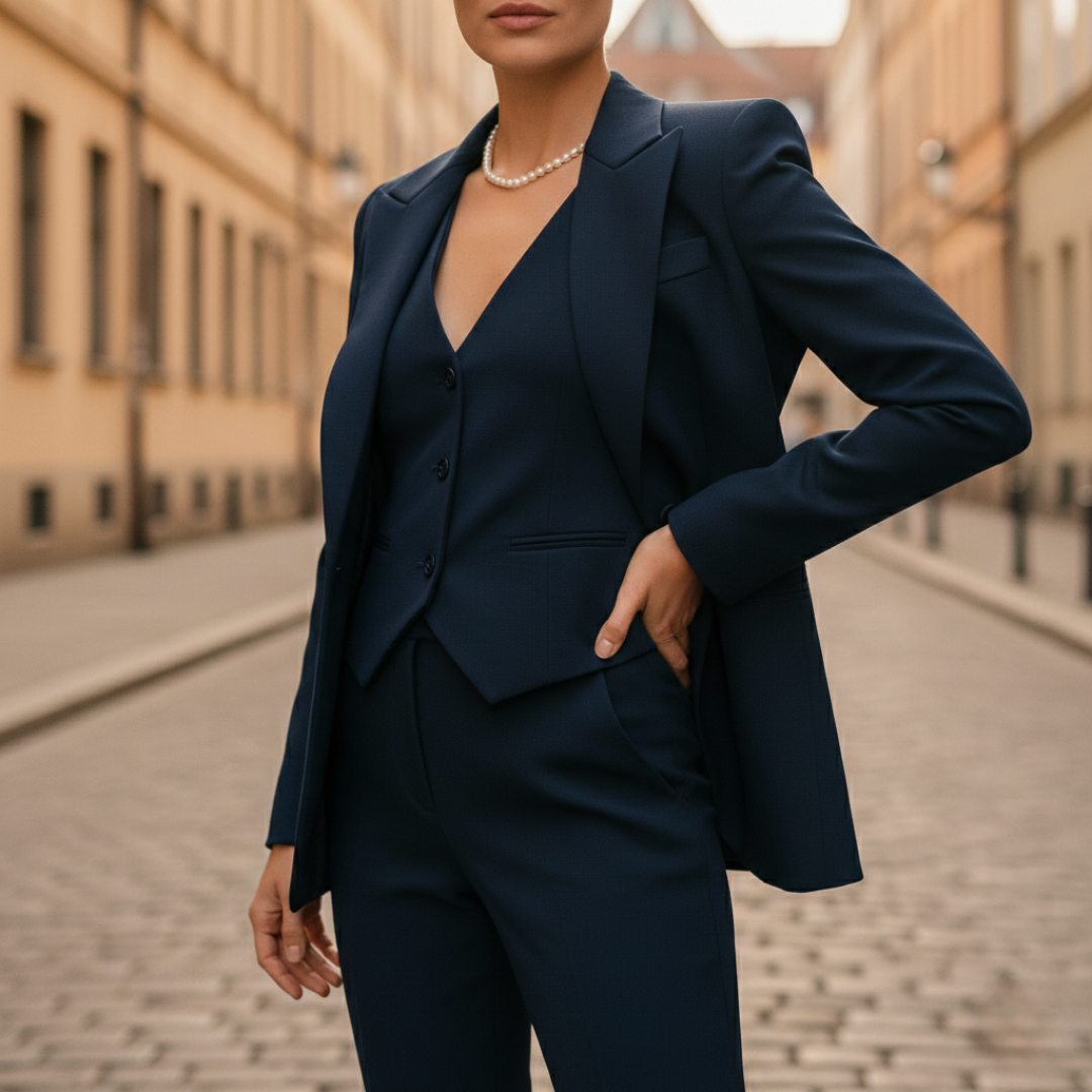 A woman in a blue tailored suit with buttons, that gives elegance and confidence in a formal setting.