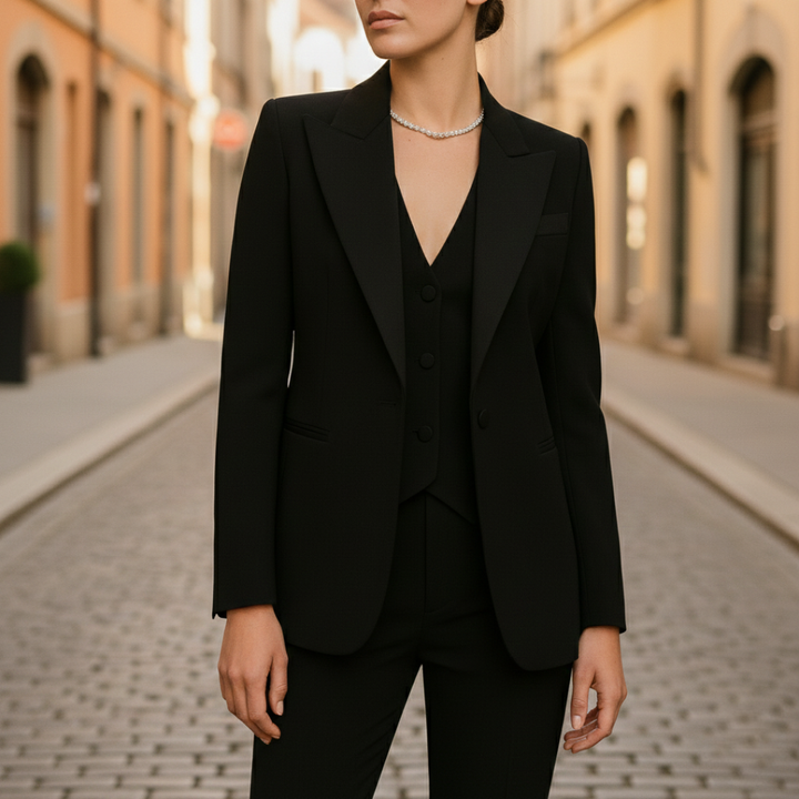 A woman in a black tailored suit with buttons, that gives elegance and confidence in a formal setting.