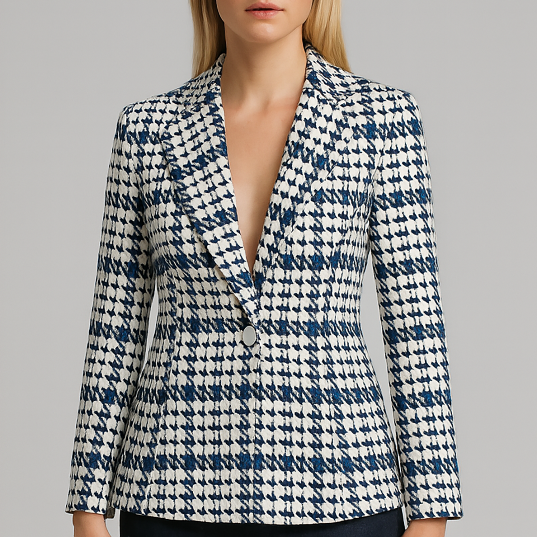 Houndstooth-pattern blazer with notched lapel and single-button closure