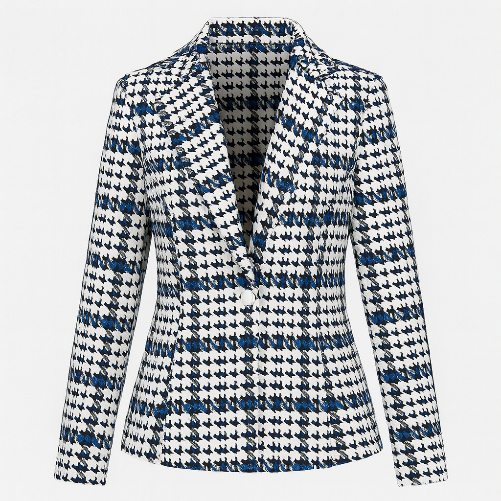 Houndstooth-pattern blazer with notched lapel and single-button closure