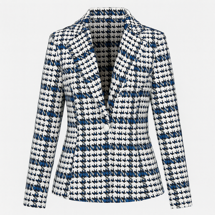 Houndstooth-pattern blazer with notched lapel and single-button closure