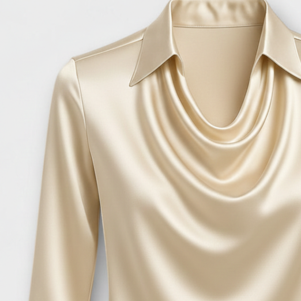 Gold satin blouse for women with a turn-down collar, draped front, and long sleeves.