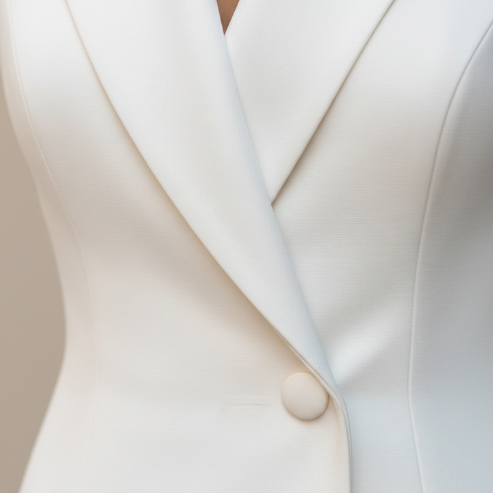 A woman in a white dress and jacket stands elegantly, showcasing a modern silhouette and refined style.

