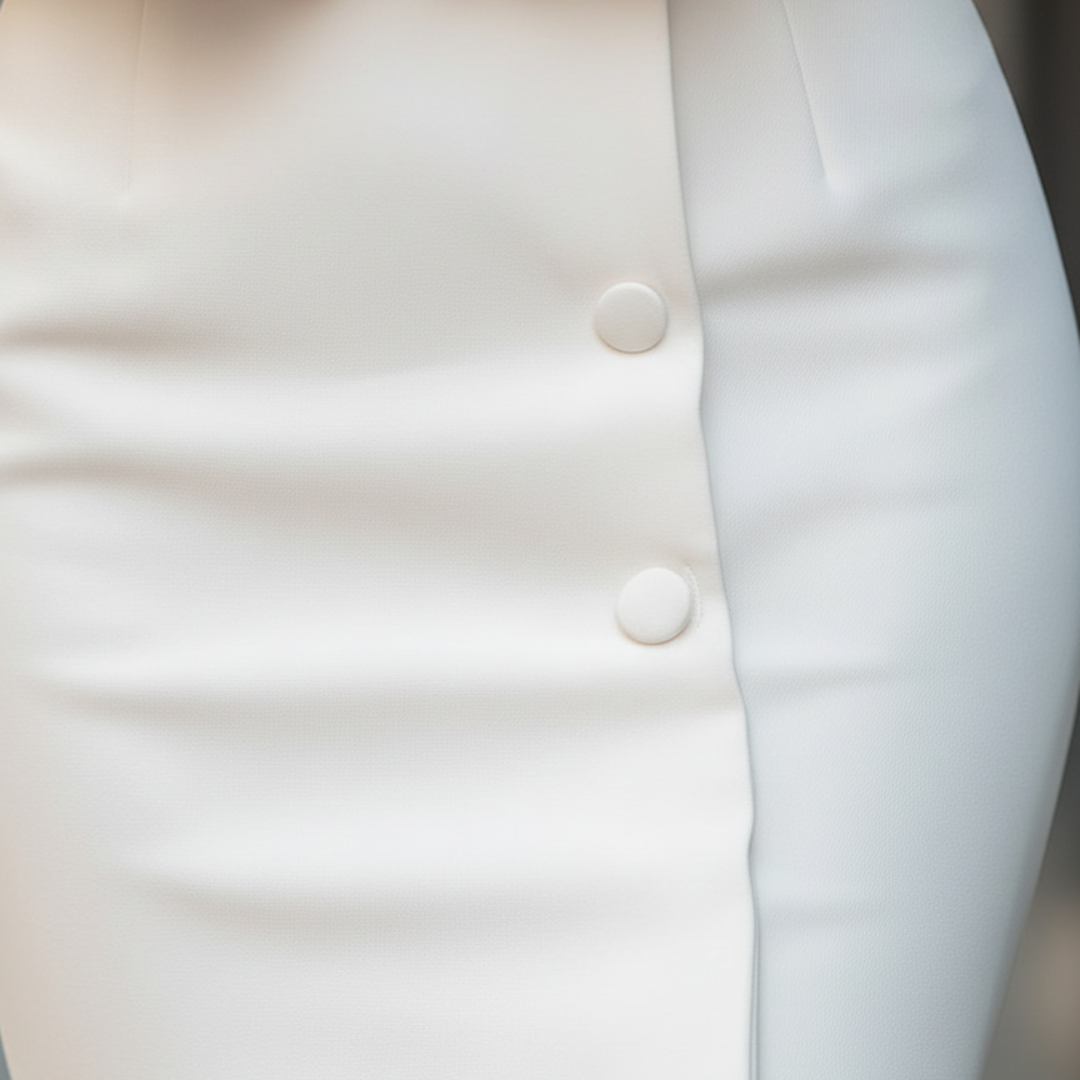 A woman in a white dress and jacket stands elegantly, showcasing a modern silhouette and refined style.

