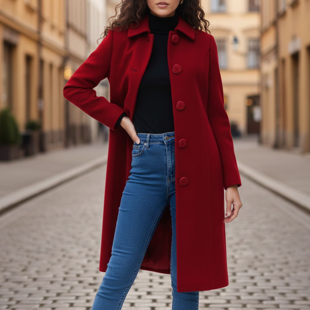 a red tailored coat paired with jeans, good for everyday wear in fall and winter.