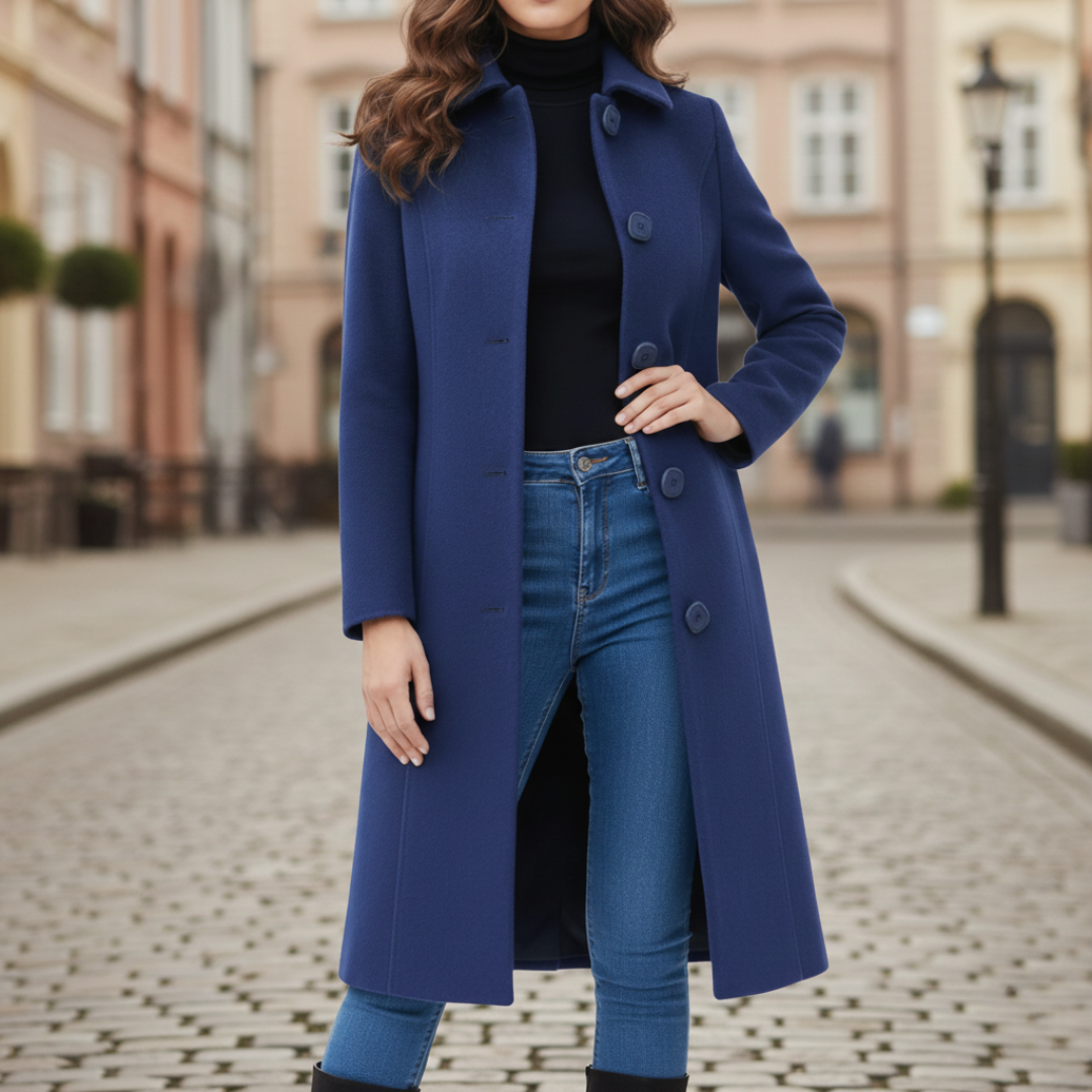 a blue tailored coat paired with jeans, good for everyday wear in fall and winter.