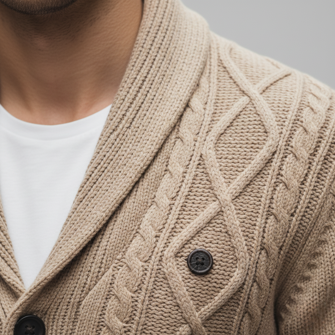 Winslow Cable Cardigan in knit fabric with a shawl collar and featuring a close-up look of diamond-knit pattern.