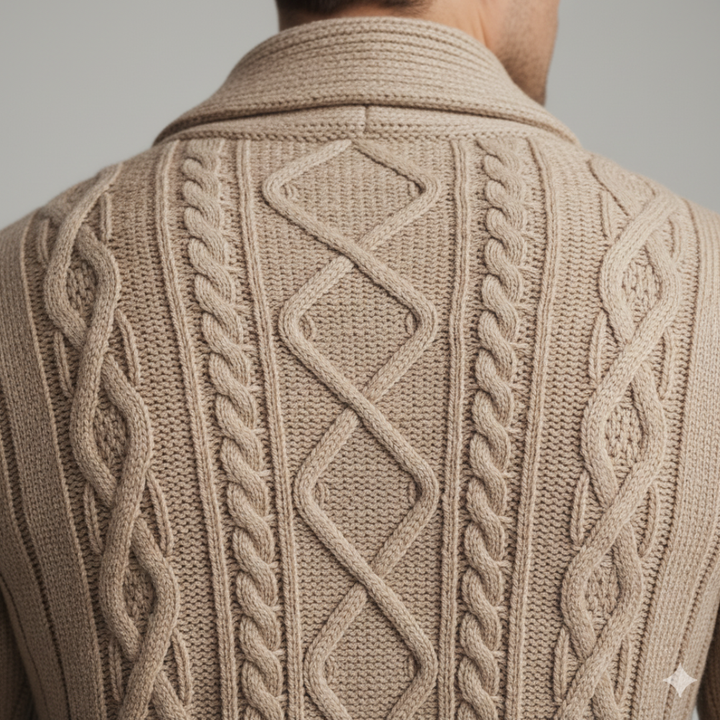 Winslow Cable Cardigan in knit fabric with a shawl collar and featuring a close-up look of diamond-knit pattern.