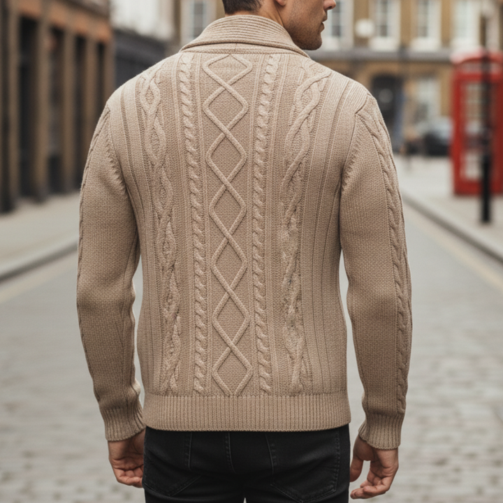 Winslow Cable Cardigan in knit fabric with a shawl collar and featuring a close-up look of diamond-knit pattern in a back details.